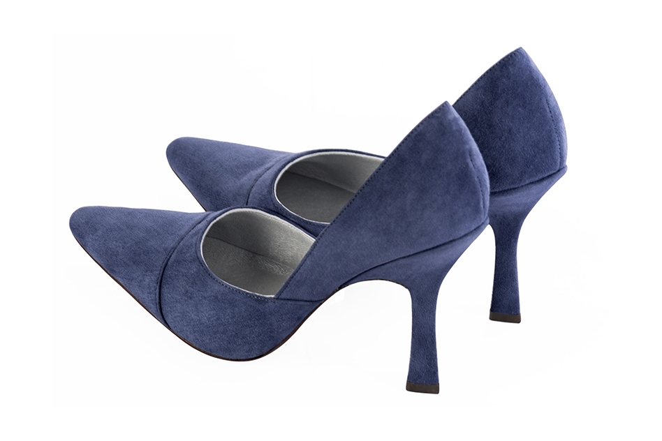 Women's prussian blue elegant open arch pumps. Tapered toe. High spool heels - Rear view